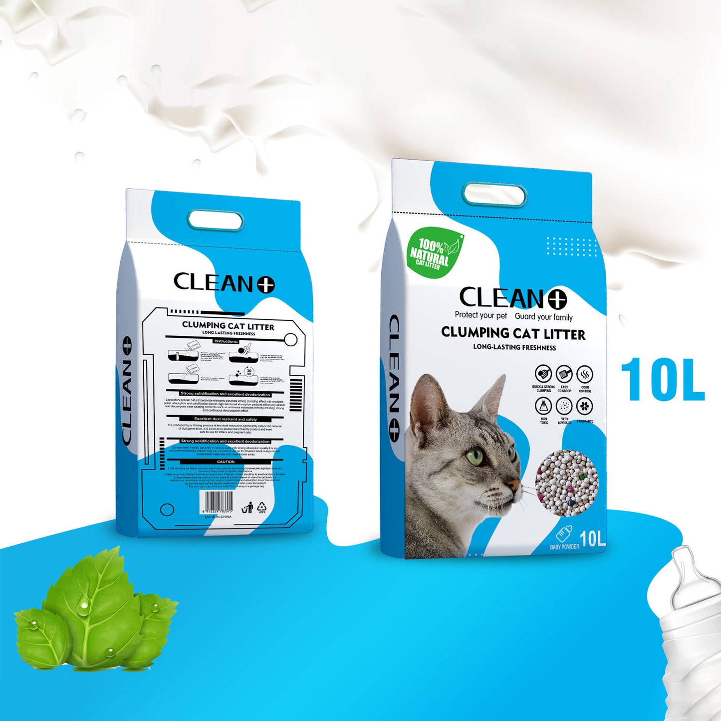 Clean + : Clumping Cat Litter : 10L : Baby Powder