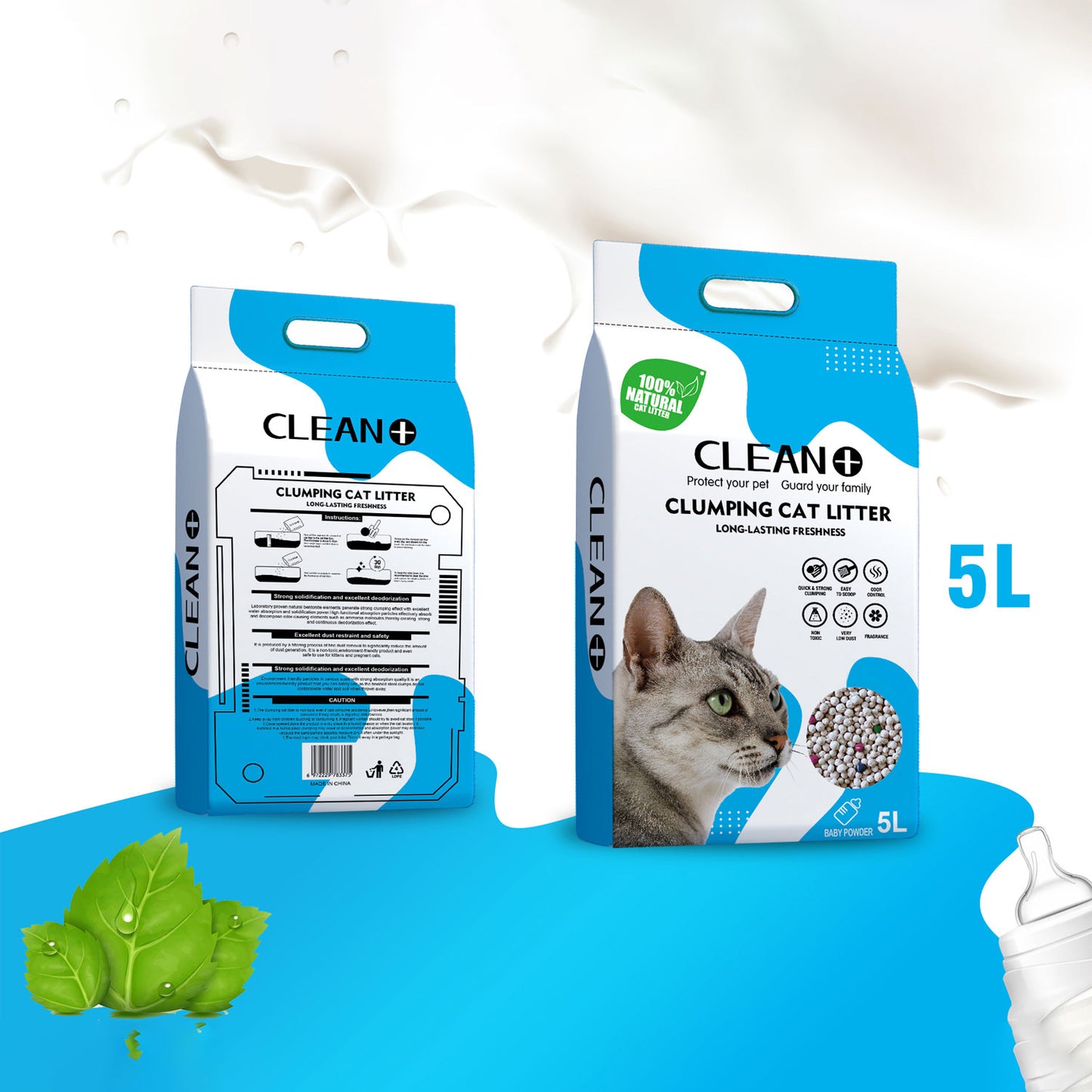 Clean + : Clumping Cat Litter : 5L : Baby Powder